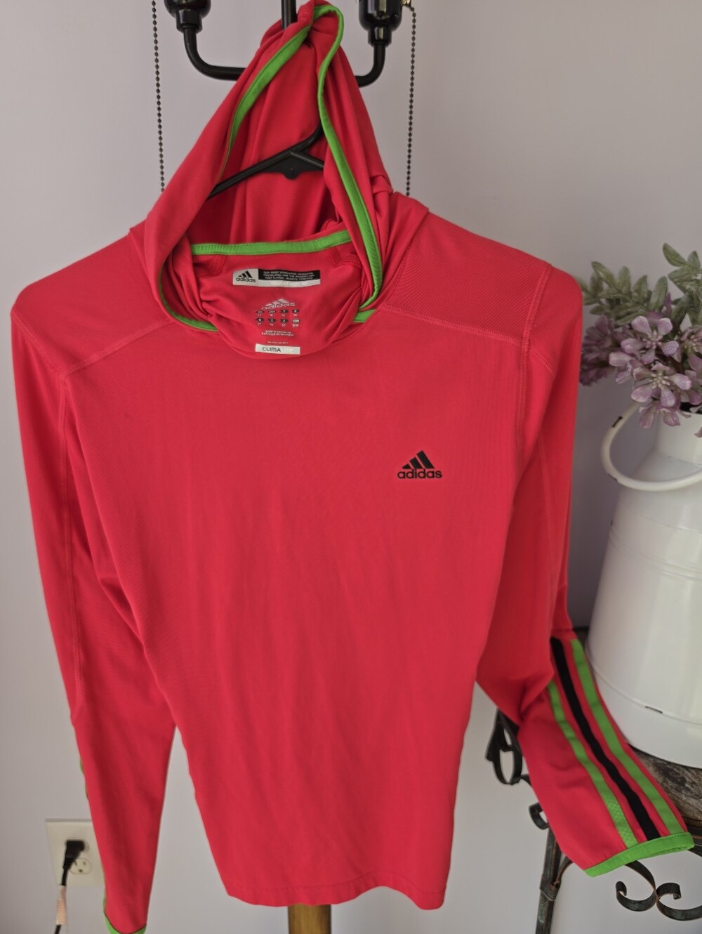 #2620, Adidas climalite long sleeve athletic hoodie pink, green stripes size M